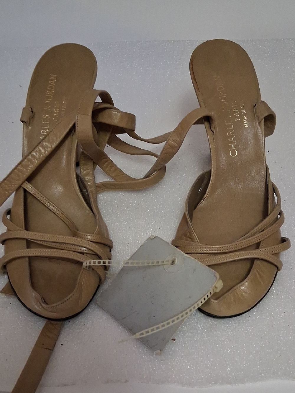Charles Jourdan Beige Leather Wrap-Strap Sandals